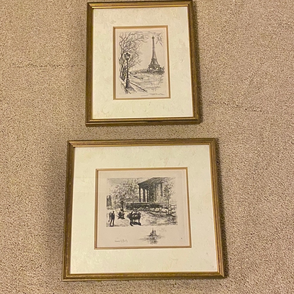 ANTIQUE Art Drawings of Paris Matted and Framed - Picture 1 of 3